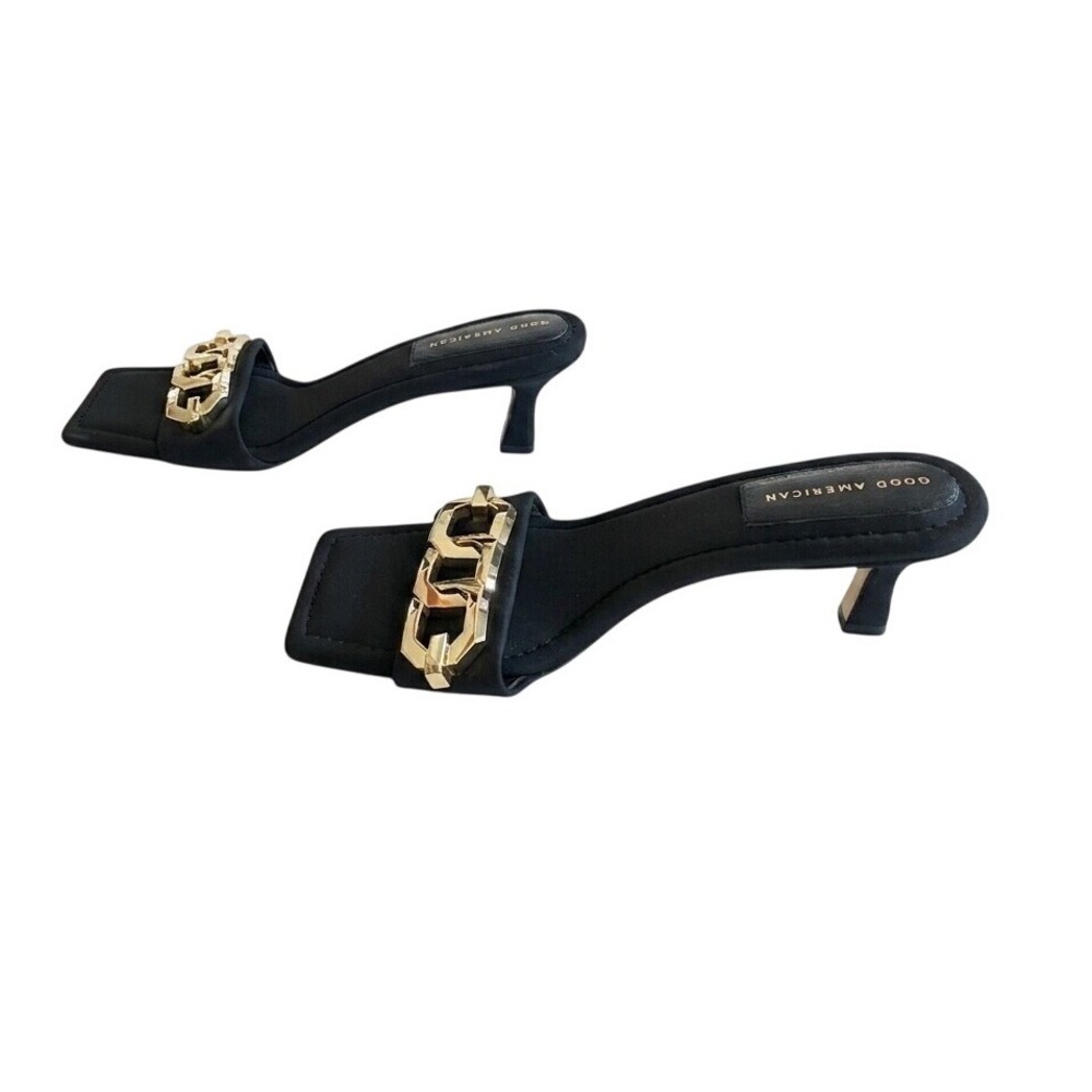 Good American Cinder Mule Black Gold Chain Square Toe Kitten Heel Sandals 11